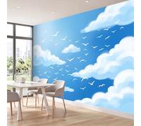 Papier Peint 3D Panoramique Espace Oiseau 400 x 280 cm, Papier Peint Intissé Mural Mouettes Nuages & Ciel Bleu pour Salon Chambre Canapé TV Fond Décoration Intérieure