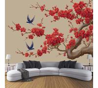 Papier Peint 3D Panoramique Hirondelle À Fleurs De Prunier Papier Peint Poster, Style Chinois Traditionnel Muraux Photo, Rouge Revêtement Murales Pour Chambre Couloir TV Fond Décor Mural 400x280cm