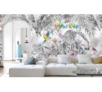 Papier peint 3D panoramique jungle en soie tropicale noir et blanc avec plantes, fleurs, feuilles, oiseaux et perroquet, idéal pour le salon, la chambre d'adulte ou d'enfant, ou encore pour un bureau.