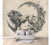 Papier Peint 3D Panoramique Lion Intissé Papier Peint 450 × 315 cm Animaux Sur Le Thème Des Fleurs Photo Mural Moderne Poster XXL, Pour Salon Chambre Tv Fond Murale Décoration