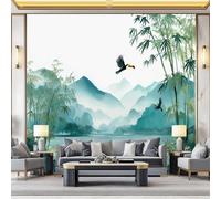 Papier Peint 3D Panoramique, Motif Aquarelle lacs montagnes forêts de bambous Papier Peint Poster, Coloré Muraux Photo Pour Salon Chambre Restaurant Couloir Tv Fond Décor Mural 250 x 175 cm