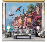 Papier Peint 3D Panoramique, Motif Style huile, voiliers, architecture balnéaire Papier Peint Poster, Coloré Muraux Photo Pour Salon Chambre Restaurant Couloir Tv Fond Décor Mural 400 x 280 cm