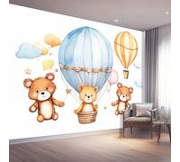 Papier Peint 3D Panoramique Mural, Dessin Animé Montgolfière Ours En Peluche Papier Peint en Tissus non tissés Poster 350 x 256 cm Décoration Murale Salon Chambre, Marron Bleu