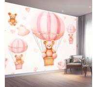 Papier Peint 3D Panoramique Mural, Dessin Animé Ours En Peluche Montgolfière Papier Peint en Tissus non tissés Poster 250 x 175 cm Décoration Murale Salon Chambre, Rose
