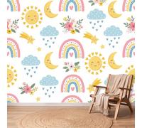Papier Peint 3D Panoramique Mural, Espace Papier Peint Intissé Poster 200 x 140 cm Décoration Fresque Murale Salon Chambre, Soleil Gouttes De Pluie En Cœur & Nuages À Pois