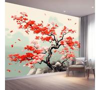 Papier Peint 3D Panoramique Mural, Oriental Peinture À L'Encre Plantes Fleurs Papier Peint en Tissus non tissés Poster 300 x 210 cm Décoration Murale Salon Chambre, Rouge