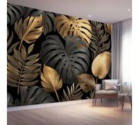 Papier Peint 3D Panoramique Mural, Tropical Papier Peint Intissé Poster 300 x 210 cm Décoration Fresque Murale Salon Chambre, Feuilles Dorées Monstera Palm