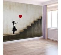 Papier Peint 3D Panoramique Street Art Escalier Petite Fille, Intissé Murale Tapisserie Gris foncé pour Salon Chambre Restaurant Couloir TV Fond Décor Mural 300 x 210 CM