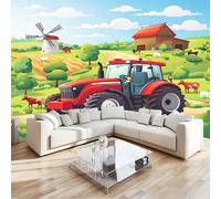 Papier Peint 3D Panoramique Tracteur Rouge De Dessin Animé Fresque Murale Moderne Pour Salon & Chambre, Décoration Murale Intissé Écologique - Installation Facile350 X 256 Cm