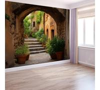 Papier Peint 3D Panoramique Vintage Maison Pierre Rue Plante, Intissé Murale Tapisserie Jaune pour Salon Chambre Restaurant Couloir TV Fond Décor Mural 400 x 280 CM