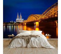 Papier Peint 3D Paysage Urbain Peinture murale panoramique Décoration Pour Salon, Pont Au Bord Du Lac Lumières Chambre, Tapisserie Murales Intissé, Wallpaper Mural 350 x 256 cm