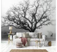 Papier Peint 3D Peint À La Main En Relief Noir Et Blanc Arbres Élans | Facile à Installer Cette Décoration Luxueuse Est Idéale Pour un Bureau Salon une Chambre ou Mur Derrière le TV-300cm×210cm
