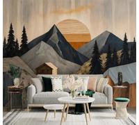 Papier Peint 3D Pins Montagnes Coucher De Soleil Cabane En Bois Paysage | Fresques Murales et Créatives Décoration D'intérieur Pour le Bureau Salon la Chambre Coucher Canapé Mural de Luxe-300cm×210cm