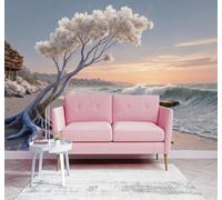 Papier Peint 3D Plage Arbres Blancs Coucher De Soleil Vagues Paysage Côtier | Fresques Murales et Créatives Décoration D'intérieur Pour le Bureau Salon la Chambre Coucher Canapé Mural de Luxe-430cm×300cm
