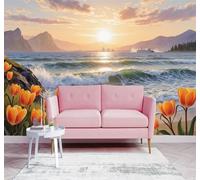 Papier Peint 3D Plage Tulipes Orange Coucher De Soleil Vagues Montagnes | Autocollants Décoratifs Haut de Gamme Adaptés à Tous les Murs Des Restaurants Canapés Salons et Chambres Coucher-200cm×140cm