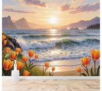Papier Peint 3D Plage Tulipes Orange Coucher De Soleil Vagues Montagnes | Fresques Murales et Créatives Décoration D'intérieur Pour le Bureau Salon la Chambre Coucher Canapé Mural de Luxe-150cm×105cm