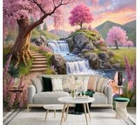 Papier Peint 3D Printemps Cerisiers En Fleurs Roses Cascade Montagnes | Autocollants Décoratifs Haut de Gamme Adaptés à Tous les Murs Des Restaurants Canapés Salons et Chambres Coucher-200cm×140cm