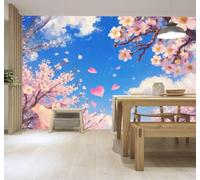 Papier Peint 3D Printemps Fleurs De Cerisier Roses Ciel Pétales Roses Forme | Autocollants Décoratifs Haut de Gamme Adaptés à Tous les Murs Des Restaurants Canapés Salons et Chambres Coucher-300cm×210cm