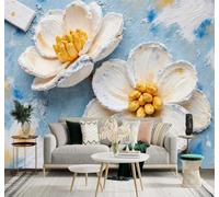 Papier Peint 3D Relief Fleurs Blanches Touches De Jaune Abstrait Bleu | Autocollants Décoratifs Haut de Gamme Adaptés à Tous les Murs Des Restaurants Canapés Salons et Chambres Coucher-150cm×105cm
