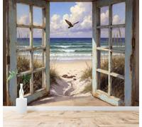 Papier Peint 3D Rétro Fenêtre En Bois Plage Oiseaux En Vol Vue Sur La Mer | Autocollants Décoratifs Haut de Gamme Adaptés à Tous les Murs Des Restaurants Canapés Salons et Chambres Coucher-250cm×170cm