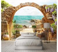 Papier Peint 3D Rétro Magnifique Arcades Murs En Pierre Vue Sur La Mer | Facile à Installer Cette Décoration Luxueuse Est Idéale Pour un Bureau Salon une Chambre ou Mur Derrière le TV-350cm×256cm