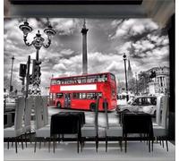 Papier Peint 3D Rétro Noir Et Blanc Architecture Urbaine Bus Rouge | Facile à Installer Cette Décoration Luxueuse Est Idéale Pour un Bureau Salon une Chambre ou Mur Derrière le TV-430cm×300cm