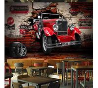 Papier Peint 3D Rétro Style Industriel Rouge Voiture Photo Mural Effet Mur Géant Photos Moderne Intissé Décoration Murale Trompe l’Oeil Revêtement Panoramique Tapisserie XXL, 350 x 256 cm