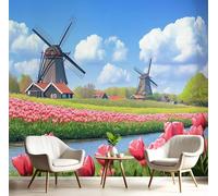 Papier Peint 3D Rouge Bleu Moulin À Vent Tulip 150X105Cm Poster Geant Mural Panoramique Peinture Murale Interieur Paysages Naturels Pour Salon Chambre À Coucher D'Enfant Maison Décoration