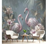 Papier Peint 3D Rouge Grisâtre Flamant Rose De La Jungle 300X210Cm Poster Geant Mural Panoramique Peinture Murale Interieur Plantes Tropicales Pour Salon Chambre À Coucher D'Enfant Maison Décoration