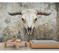 Papier peint 3D tête de mort de vache - Décoration murale rétro pour salon, chambre à coucher, bureau, hôtel, bar, plafond - 350 x 256 cm