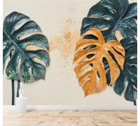 Papier Peint 3D Tropical Doré Vert Foncé Végétal Feuilles De Monstera | Autocollants Décoratifs Haut de Gamme Adaptés à Tous les Murs Des Restaurants Canapés Salons et Chambres Coucher-400cm×280cm