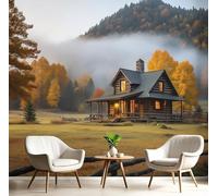 Papier Peint 3D Vert Chalet De Montagne 250X170Cm Poster Geant Mural Panoramique Peinture Murale Interieur Paysage Rural Pour Salon Chambre À Coucher D'Enfant Maison Décoration