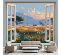 Papier Peint 3D Vue de la Fenêtre Montagnes, Zèbre Animaux Plantes Ciel Decoration Stickers Muraux , Nature Paysage Vinyle Murale Poster pour Chambre Salon Cuisine Adhesif Meuble 200 x 140 cm