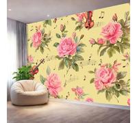 Papier Peint 400 x 280 cm, Papier Peint Panoramique Intissé Aquarelle roses violons notes de musique, Rose Décoration Murale Poster Tableaux Muraux Imprimé 3D Tapisserie Photo