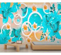 Papier Peint à Fleurs Bleu et Orange Motif Papillon Floral Décoratif 3D Motif Géométrique Circulaire Motif Étoiles pour Chambre à Coucher Salon 400 X 280 cm
