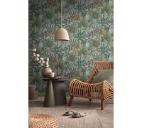 Papier Peint À Motif De Feuilles Avec Un Look Tropical - Vert, Bleu, Gris