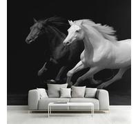 Papier peint à motifs de chevaux noirs et blancs, idéal pour une chambre, avec animaux de la ferme et chevaux au galop. Papier peint photo pour salon, intissé, décoration murale, 400 cm x 280 cm.