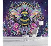 Papier Peint Abeille Mystérieuse Cartes De Tarot, Papier Peint Panoramique Fleurs Ciel Étoilé Violet Foncé Pour Salon Chambre Bureau Couloir Arrière-Plan Tv, Décoration Murale 3D, 400X280Cm (L X H)