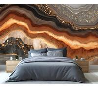 Papier peint abstrait élégant marron et or pour chambre à coucher, fresque murale à grande échelle inspirée par des superpositions, décoration murale facile à installer pour les maisons modernes