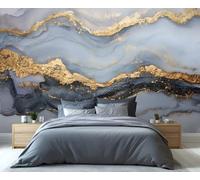 Papier peint abstrait gris et or élégant pour chambre à coucher, fresque murale à grande échelle inspirée par des superpositions, décoration murale facile à installer pour les maisons modernes