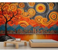 Papier peint abstrait paysage urbain ciel ardent tourbillonnant nuages papier peint art déco arbre solitaire montagne papier peint pour chambre à coucher salon grand poster mural 232 x 158 cm