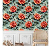 papier peint adhesif 44 X1000Lcm Rose Rouge Vintage Avec Des Feuilles Vertes papier peint panoramique nature Parfait pour créer un coin lecture cosy ou une ambiance relaxante dans un bureau Z262031