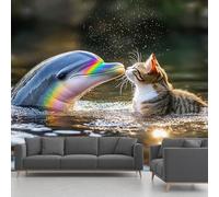 Papier Peint Adhésif Dauphins Chats Baiser Arc-en-ciel, Rivière Soleil Paysage Murale 256 x 350 cm, Abstrait Animaux Stickers Muraux pour Salon Chambre Salle de Bain Autocollant Murale Décoration