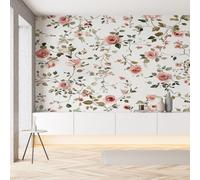 Papier Peint Adhesif Mural Feuille Fleur de Rose Romantique Wallpaper Autocollant Botanique Floral Style Pastoral Papier Peint Soie Panoramique Film Meuble Décoration Murale Salon Chambre 300x210cm