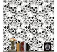 Papier Peint Adhesif Mural Noir et Blanc,44.5 x 1000cm Papier Peint Adhesif Mural Tete de Mort Papier Peint Noir Fleur Papier Peint Halloween Papier Peint Adhesif pour Meuble Chambre,Cuisine,Salon