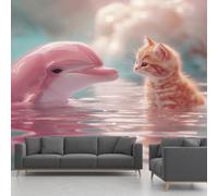 Papier Peint Adhésif Panoramique Abstrait Chat Dauphin, Mignon Animaux Murale 315 x 450 cm, Piscine Stickers Muraux pour Salon Chambre Salle de Bain Autocollant Murale Décoration