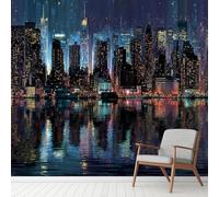 Papier Peint Adhésif Panoramique Ville New York, Architecture Urbain Paysage Murale 256 x 350 cm, RivièRe Néon Stickers Muraux pour Salon Chambre Salle de Bain Autocollant Murale Décoration