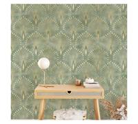 Papier Peint Adhesif Papier peint auto-adhésif Art déco vert, autocollant Mural traditionnel à décoller et à coller for la décoration de la maison, papiers muraux imprimés Vintage(Peel and Stick)