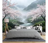 Papier Peint Adhesif Papier Peint Mural Panoramique En 3D Représentant Un Paysage De Montagne Japonais Avec Des Cerisiers En Fleurs (Sakura) Idéal Pour Une Chambre À Coucher Ou Un Salon. Dimensio