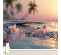 Papier Peint Adhésif Romantique Fleur Mer Vagues Palmiers, Arbres Feuillage Murale 150 x 105 cm, Coucher de Soleil Stickers Muraux pour Salon Chambre Salle de Bain Autocollant Murale Décoration